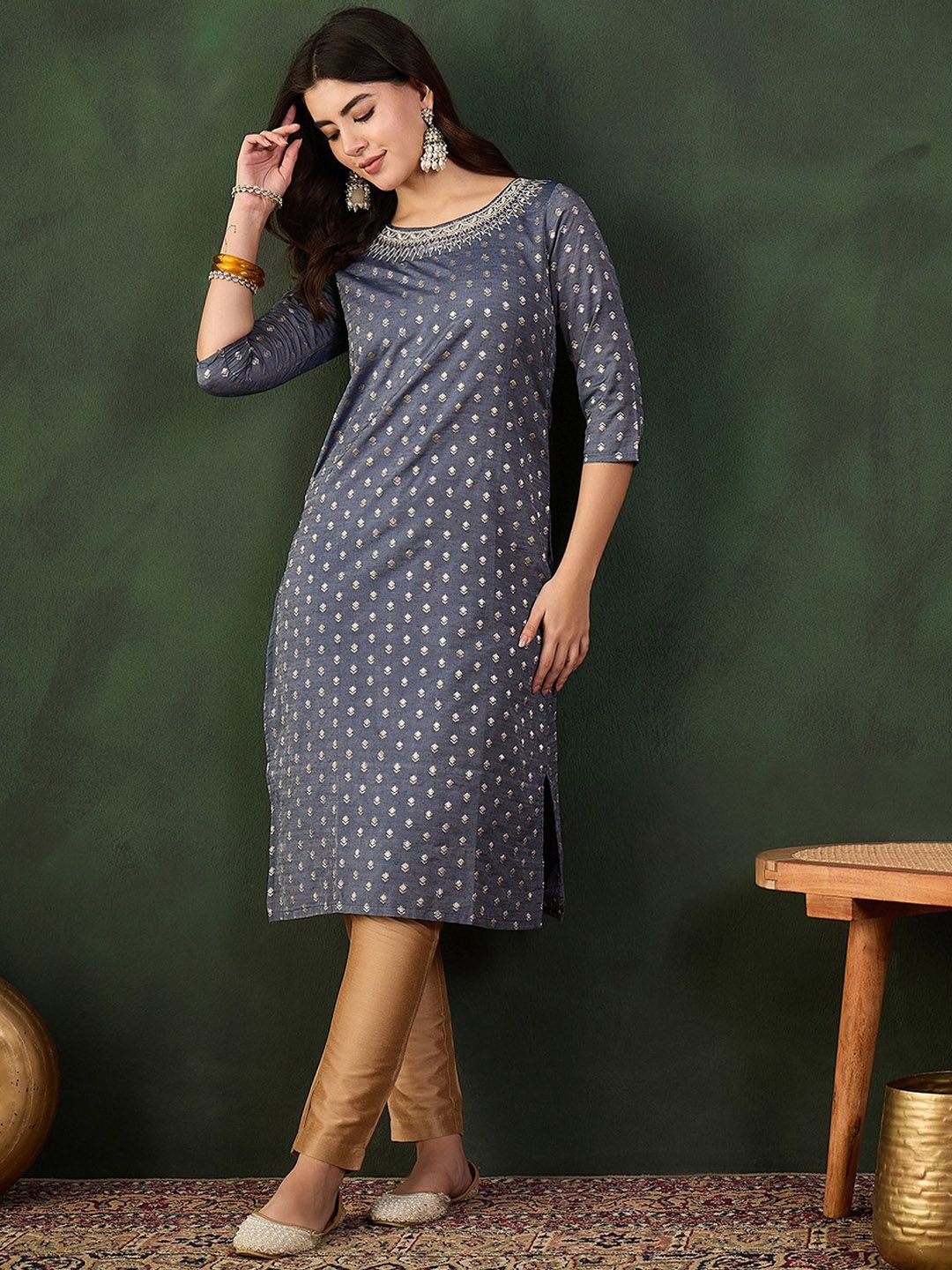 Sangria Embroidered Straight Kurta - Distacart