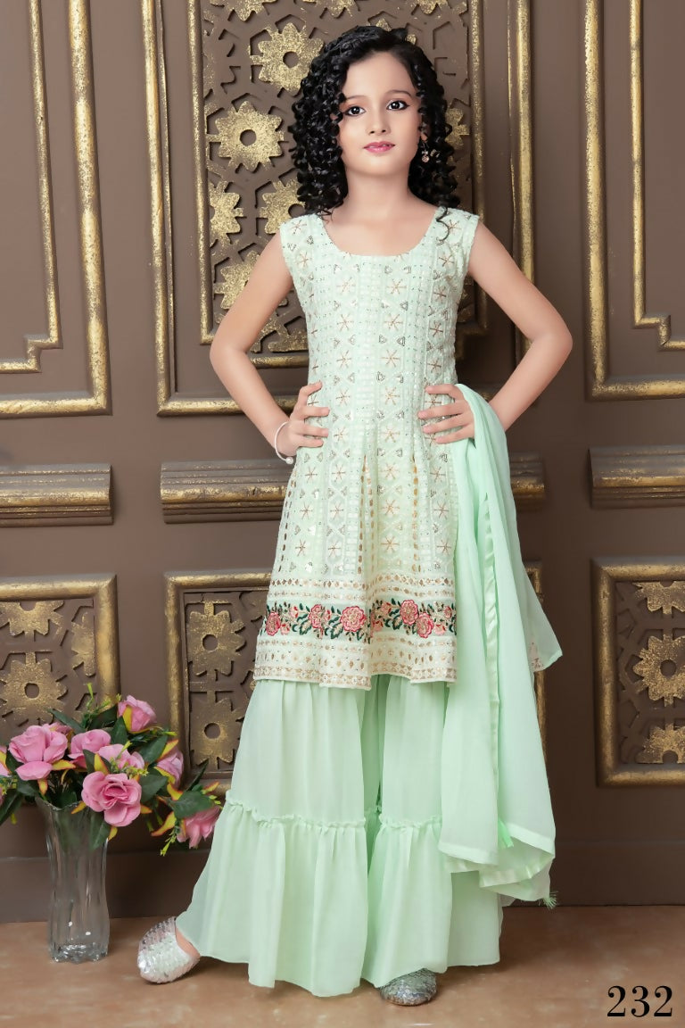 Kids Wedding Designer Pista Faux Georgette Sharara Suit - Aaradhna - Distacart