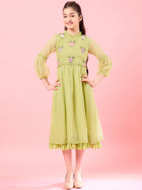 Thumbnail for Girls Yellow High Neck Puff Sleeves Fit Flare Opaque Midi Casual Dress for Kids - Mini Marvels - Distacart
