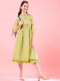 Thumbnail for Girls Yellow High Neck Puff Sleeves Fit Flare Opaque Midi Casual Dress for Kids - Mini Marvels - Distacart