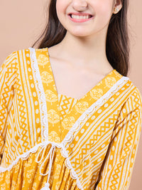 Thumbnail for Girls Yellow Ethnic Motifs Print Cotton V-Neck A-Line Midi Dress for Kids - Mini Marvels - Distacart