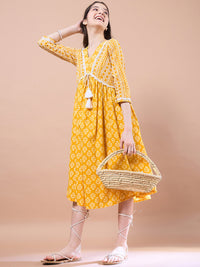Thumbnail for Girls Yellow Ethnic Motifs Print Cotton V-Neck A-Line Midi Dress for Kids - Mini Marvels - Distacart