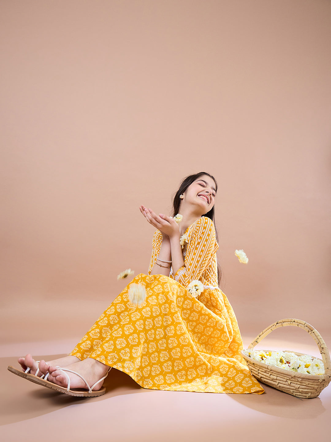 Girls Yellow Ethnic Motifs Print Cotton V-Neck A-Line Midi Dress for Kids - Mini Marvels - Distacart