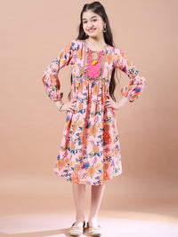 Thumbnail for Girls Peach Floral Print Bell Sleeve Empire Midi Dress for Kids - Mini Marvels - Distacart