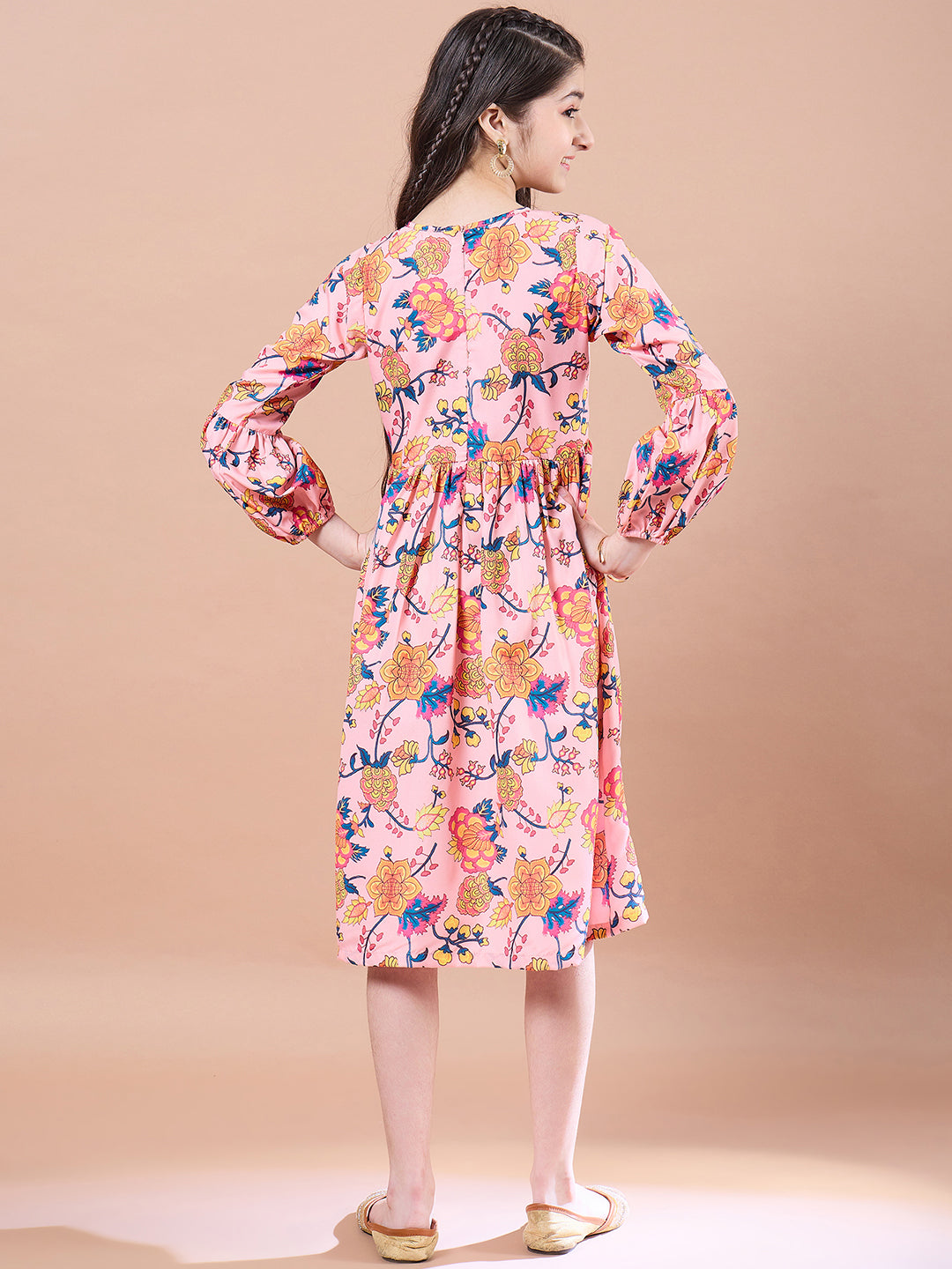 Girls Peach Floral Print Bell Sleeve Empire Midi Dress for Kids - Mini Marvels - Distacart