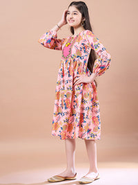 Thumbnail for Girls Peach Floral Print Bell Sleeve Empire Midi Dress for Kids - Mini Marvels - Distacart