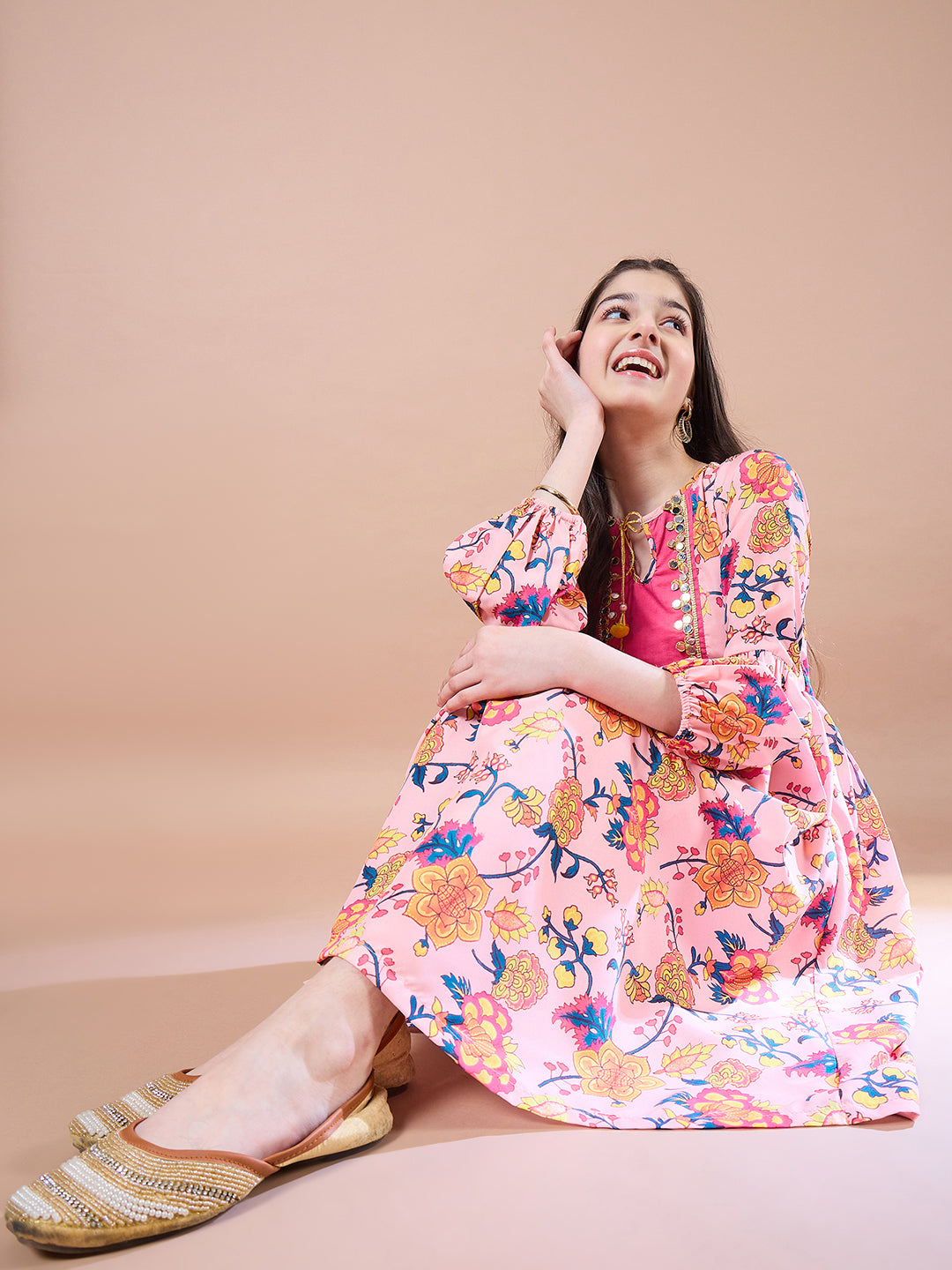 Girls Peach Floral Print Bell Sleeve Empire Midi Dress for Kids - Mini Marvels - Distacart