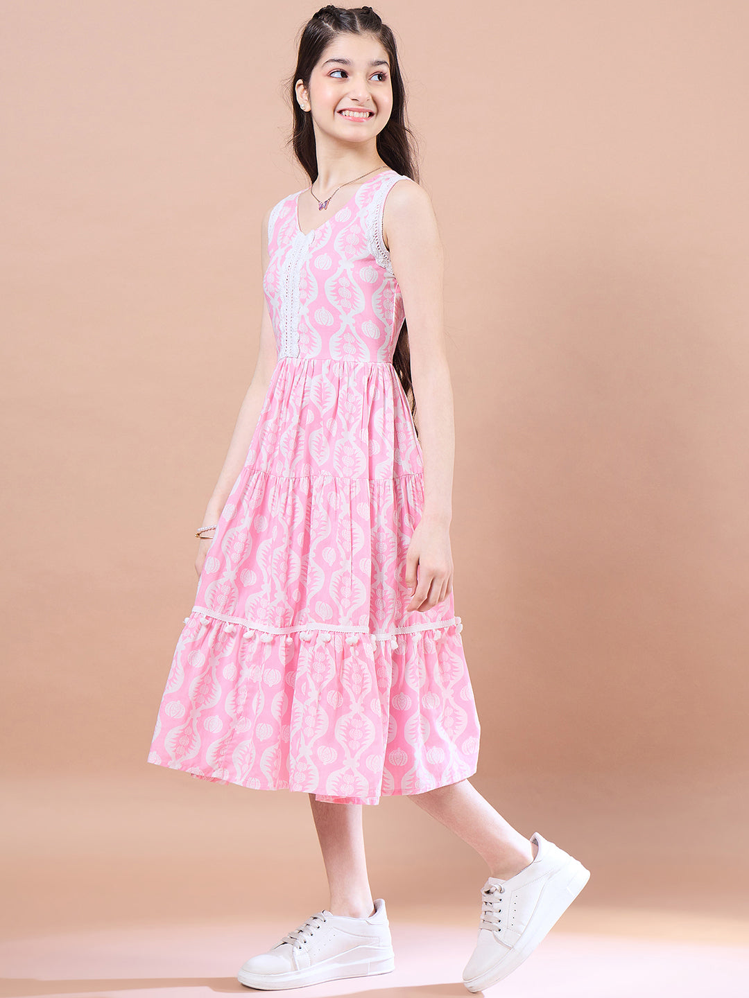 Girls Pink Floral Print Fit Flare Cotton Midi Dress for Kids - Mini Marvels - Distacart