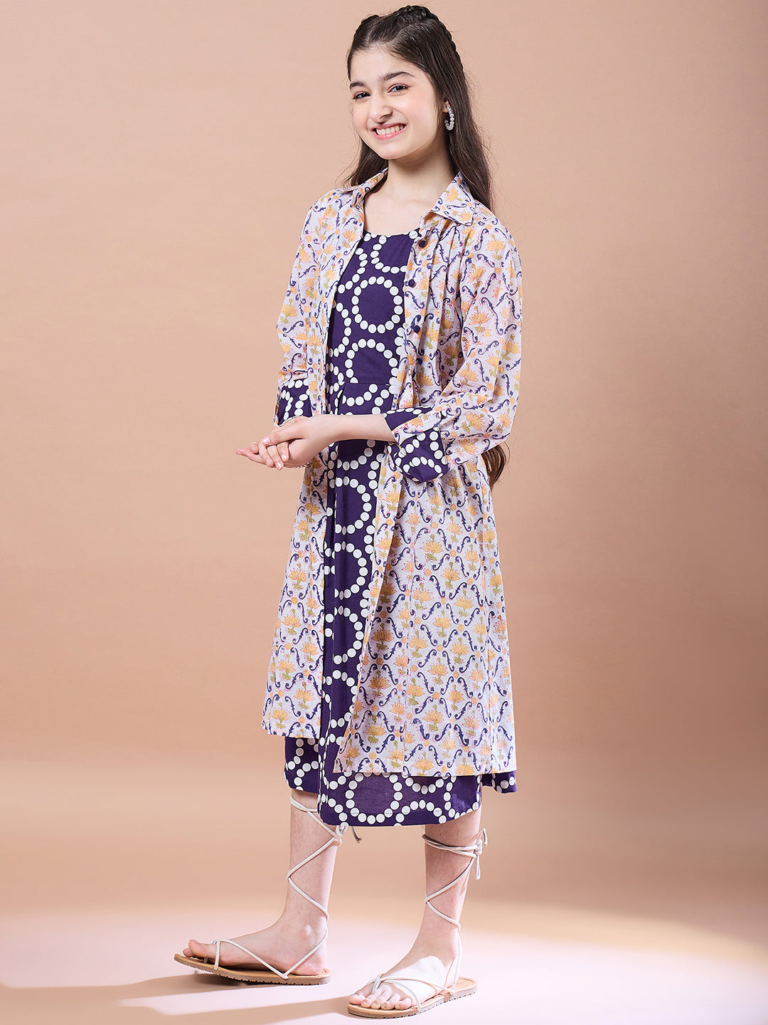 Girls Purple Geometric Print Cotton Round Neck A-Line Midi Dress With Shrug for Kids - Mini Marvels - Distacart