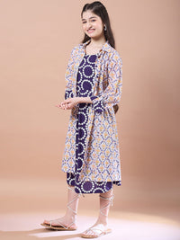Thumbnail for Girls Purple Geometric Print Cotton Round Neck A-Line Midi Dress With Shrug for Kids - Mini Marvels - Distacart
