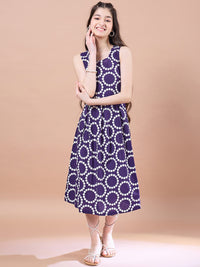 Thumbnail for Girls Purple Geometric Print Cotton Round Neck A-Line Midi Dress With Shrug for Kids - Mini Marvels - Distacart