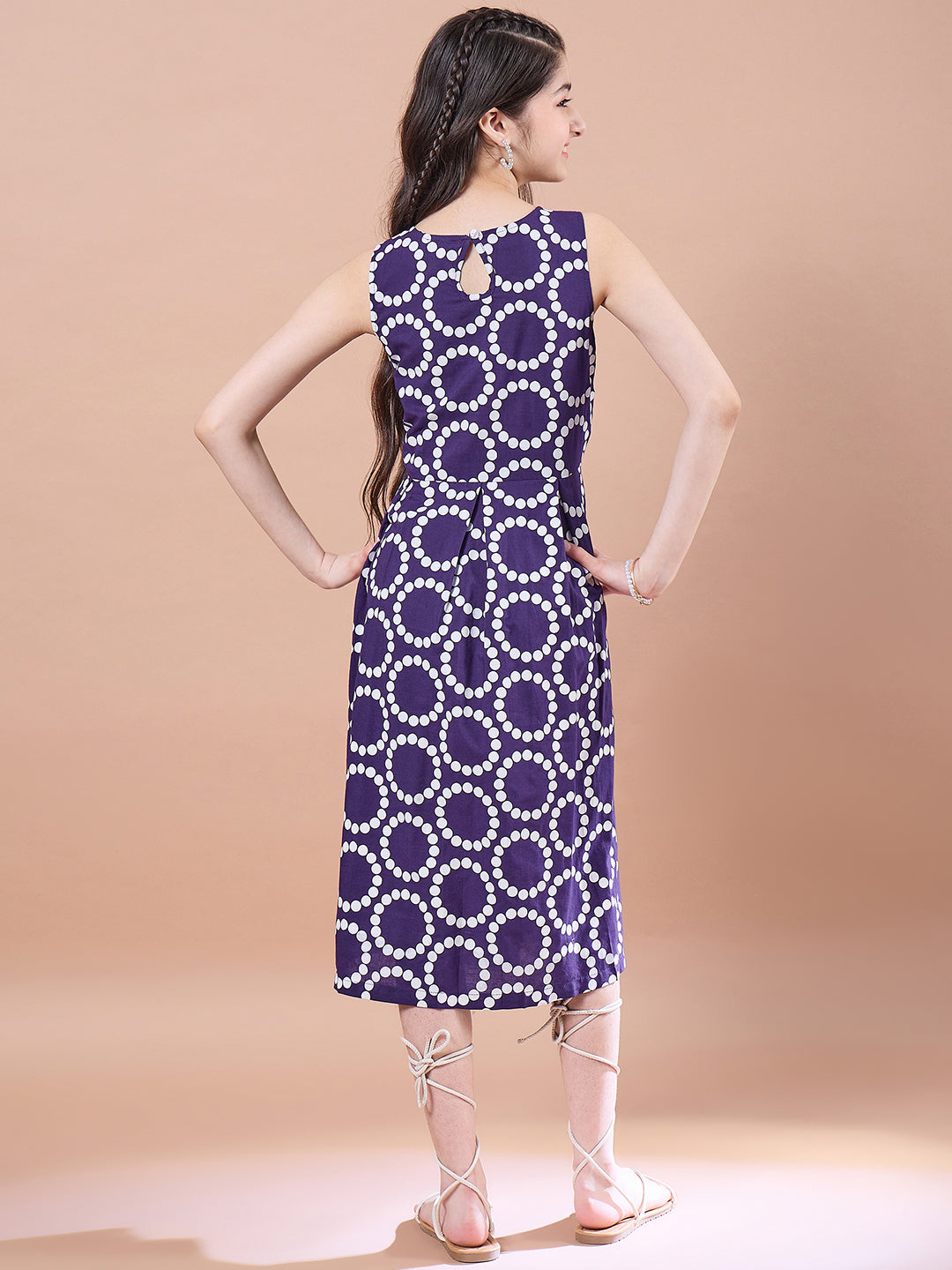 Girls Purple Geometric Print Cotton Round Neck A-Line Midi Dress With Shrug for Kids - Mini Marvels - Distacart