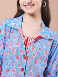 Thumbnail for Girls Blue Ethnic Motifs Print Cotton Round Neck A-Line Midi Dress With Shrug for Kids - Mini Marvels - Distacart