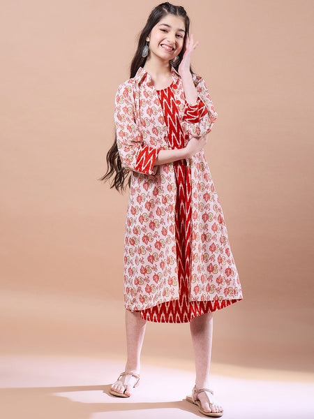 Girls Red Floral Print Round Neck A-Line Cotton Midi Dress for Kids - Mini Marvels - Distacart