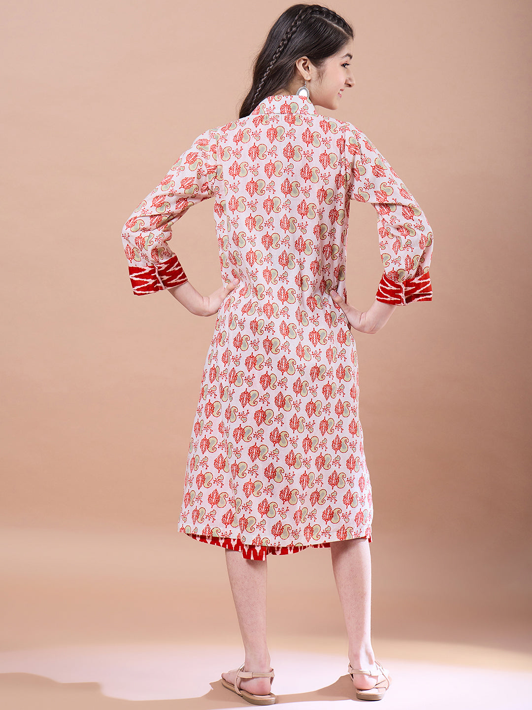 Girls Red Floral Print Round Neck A-Line Cotton Midi Dress for Kids - Mini Marvels - Distacart