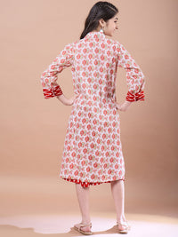 Thumbnail for Girls Red Floral Print Round Neck A-Line Cotton Midi Dress for Kids - Mini Marvels - Distacart