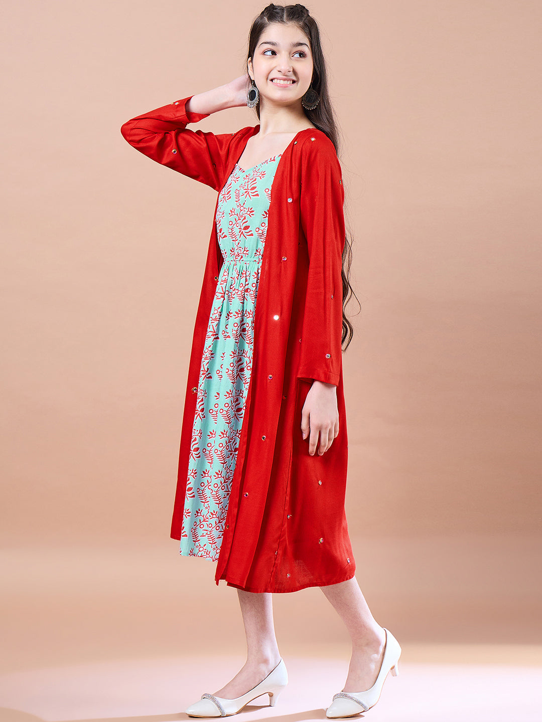 Girls Red Ethnic Motifs Print Cotton Round Neck A-Line Midi Dress With Shrug for Kids - Mini Marvels - Distacart