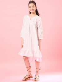 Thumbnail for Girls White Self Design Cotton Notched Neck Puff Sleeves A-Line Midi Dress for Kids - Mini Marvels - Distacart
