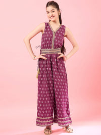 Thumbnail for Girls Wine Printed Basic Jumpsuit With Embellished for Kids - Mini Marvels - Distacart