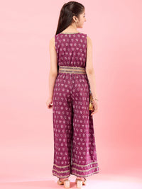 Thumbnail for Girls Wine Printed Basic Jumpsuit With Embellished for Kids - Mini Marvels - Distacart