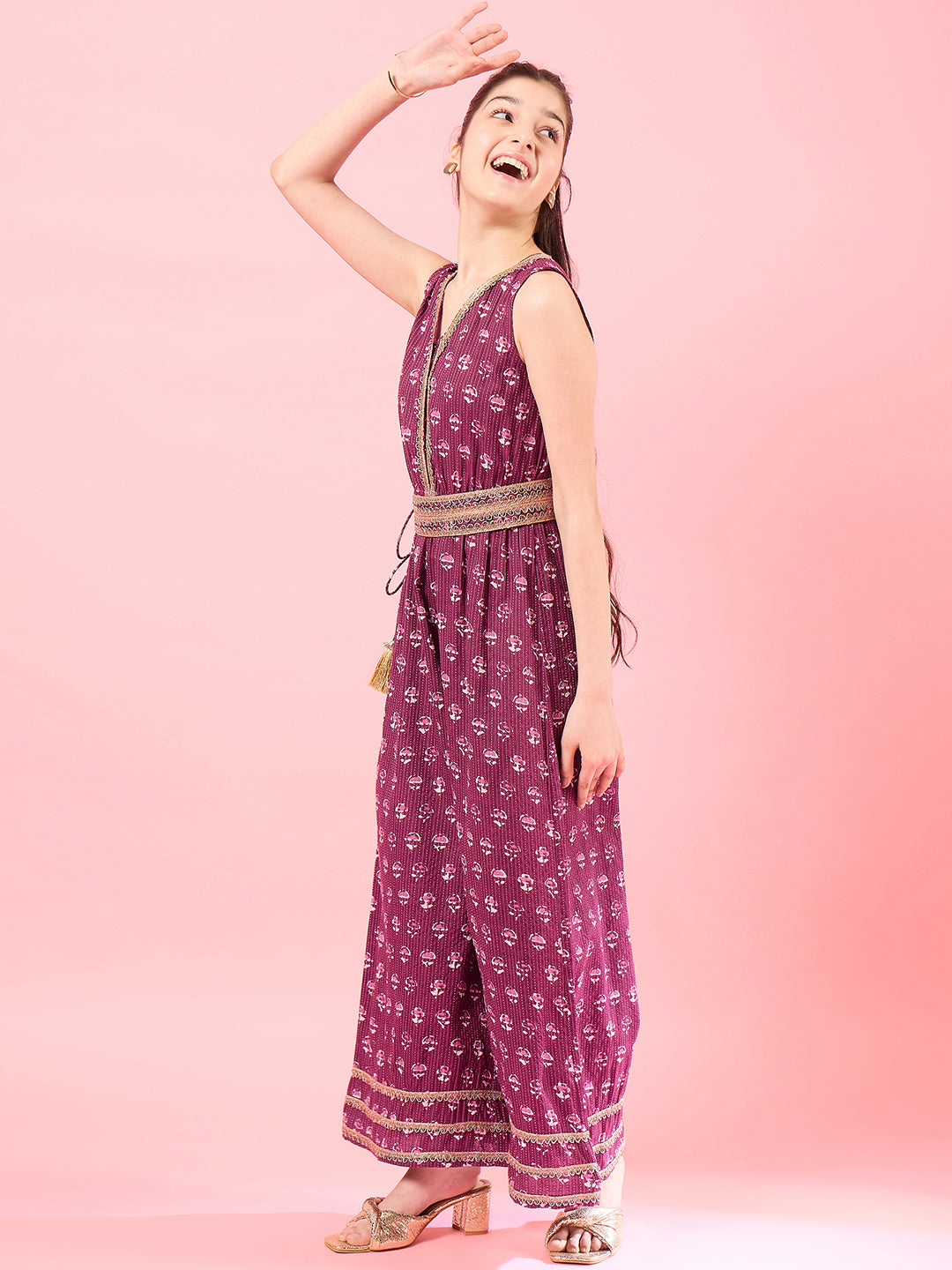 Girls Wine Printed Basic Jumpsuit With Embellished for Kids - Mini Marvels - Distacart