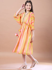 Thumbnail for Girls Yellow Striped Georgette V-Neck Kimono Sleeves A-Line Midi Dress for Kids - Mini Marvels - Distacart