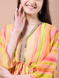 Thumbnail for Girls Yellow Striped Georgette V-Neck Kimono Sleeves A-Line Midi Dress for Kids - Mini Marvels - Distacart