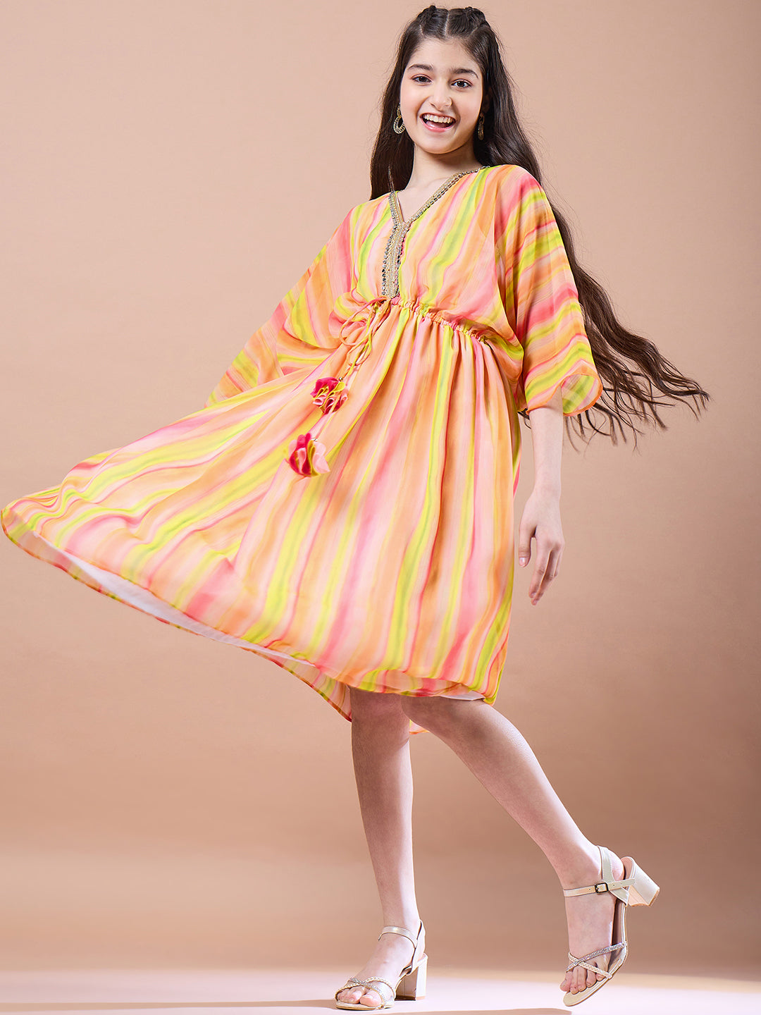 Girls Yellow Striped Georgette V-Neck Kimono Sleeves A-Line Midi Dress for Kids - Mini Marvels - Distacart