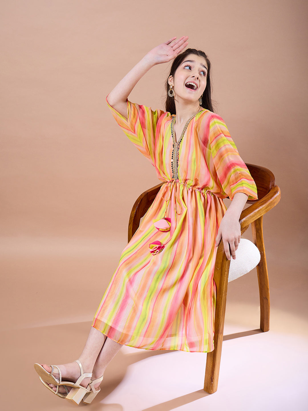 Girls Yellow Striped Georgette V-Neck Kimono Sleeves A-Line Midi Dress for Kids - Mini Marvels - Distacart