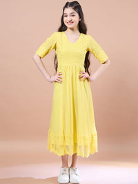 Thumbnail for Girls Yellow Cotton V-Neck Short Sleeves Fit Flare Midi Dress for Kids - Mini Marvels - Distacart