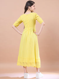 Thumbnail for Girls Yellow Cotton V-Neck Short Sleeves Fit Flare Midi Dress for Kids - Mini Marvels - Distacart