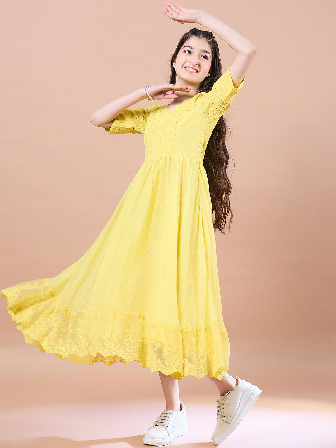 Girls Yellow Cotton V-Neck Short Sleeves Fit Flare Midi Dress for Kids - Mini Marvels - Distacart