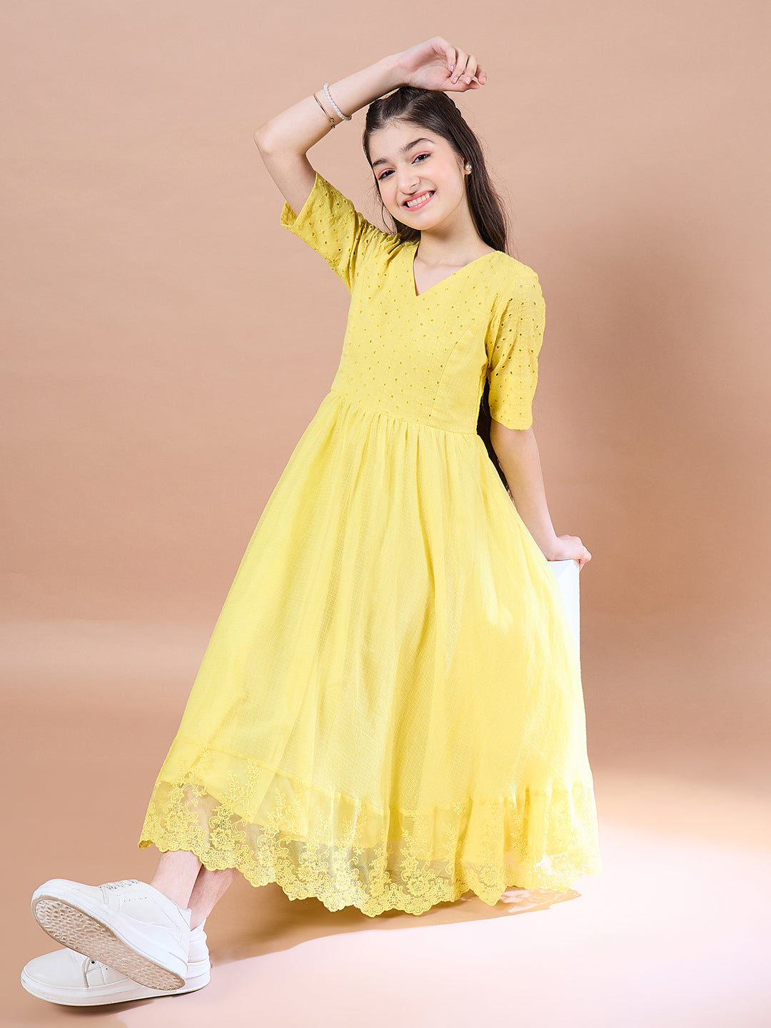 Girls Yellow Cotton V-Neck Short Sleeves Fit Flare Midi Dress for Kids - Mini Marvels - Distacart