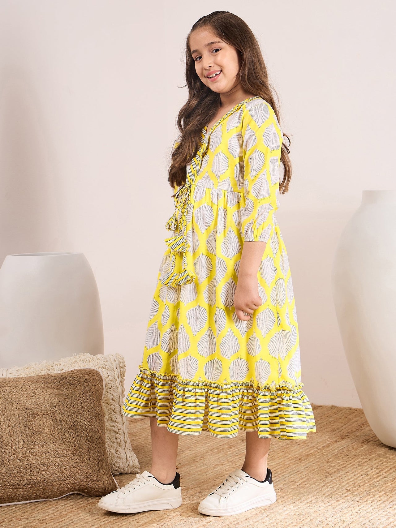 Girls Yellow Floral Print A-Line Midi Dress for Kids - Mini Marvels - Distacart