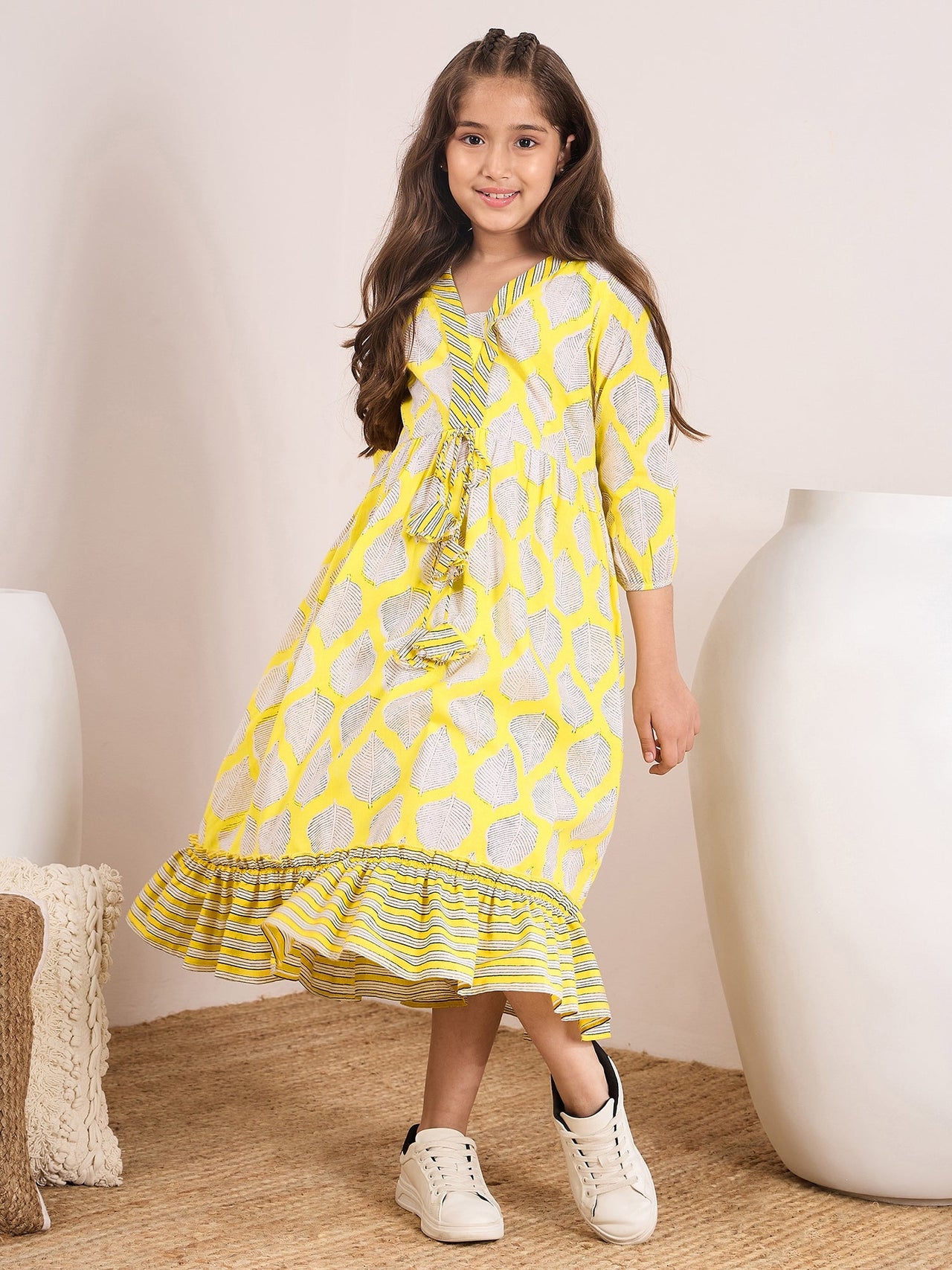 Girls Yellow Floral Print A-Line Midi Dress for Kids - Mini Marvels - Distacart