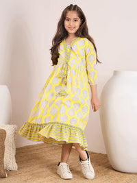 Thumbnail for Girls Yellow Floral Print A-Line Midi Dress for Kids - Mini Marvels - Distacart