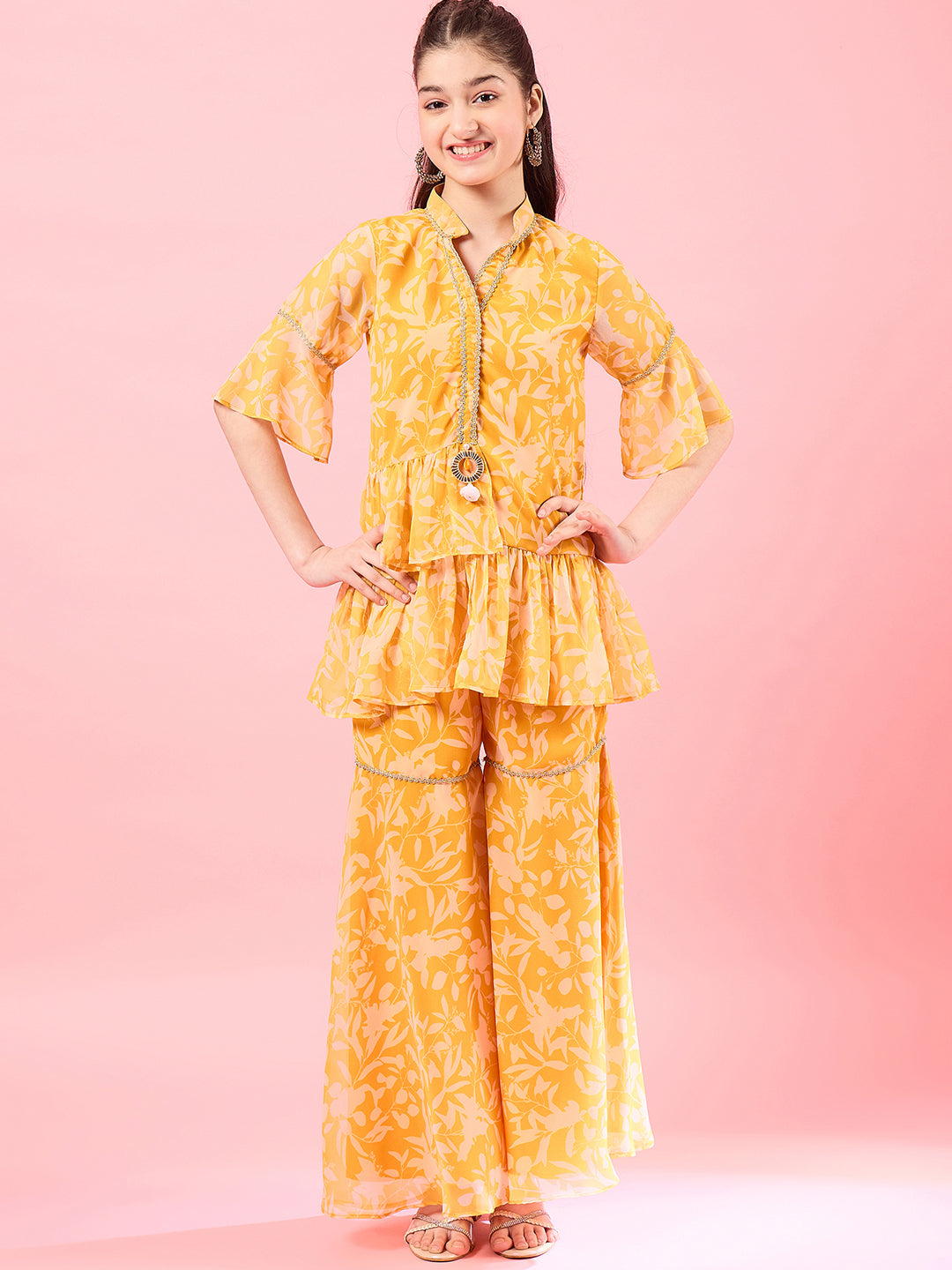 Girls Yellow Printed Tunic With Palazzos for Kids - Mini Marvels - Distacart