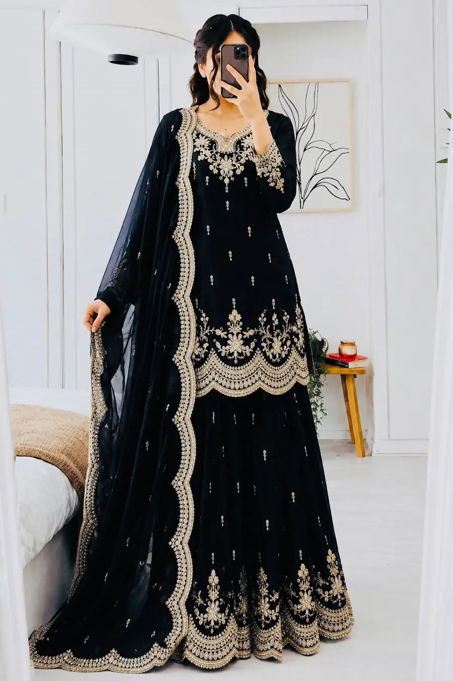 Teeya Creation Black Designer Short Kurti & Sharara Set with Scallop Dupatta