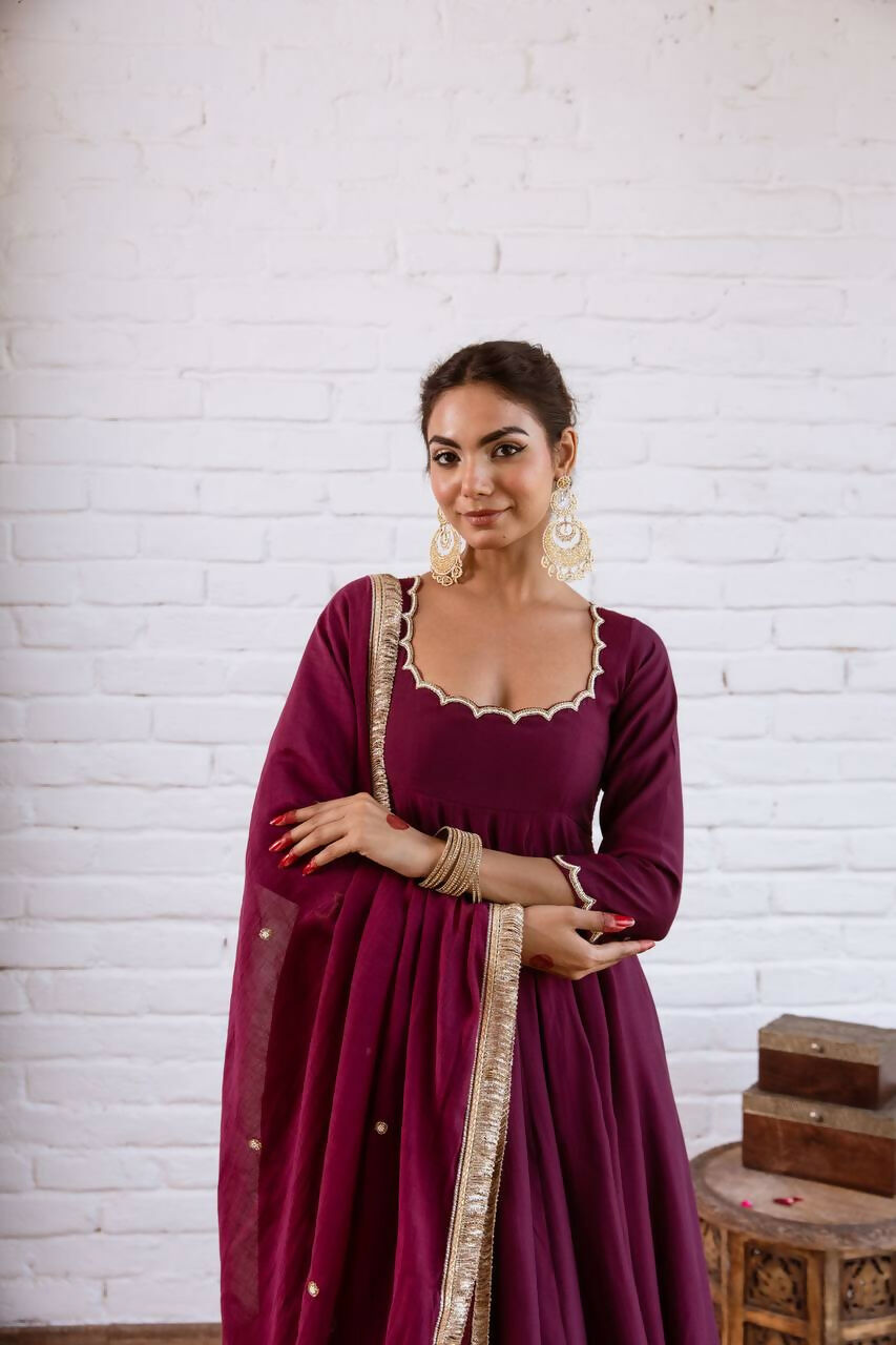 Teeya Creation Wine Solid Silk Blend Anarkali Suit With Pants And Dupatta - Dista