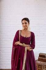 Thumbnail for Teeya Creation Wine Solid Silk Blend Anarkali Suit With Pants And Dupatta - Dista