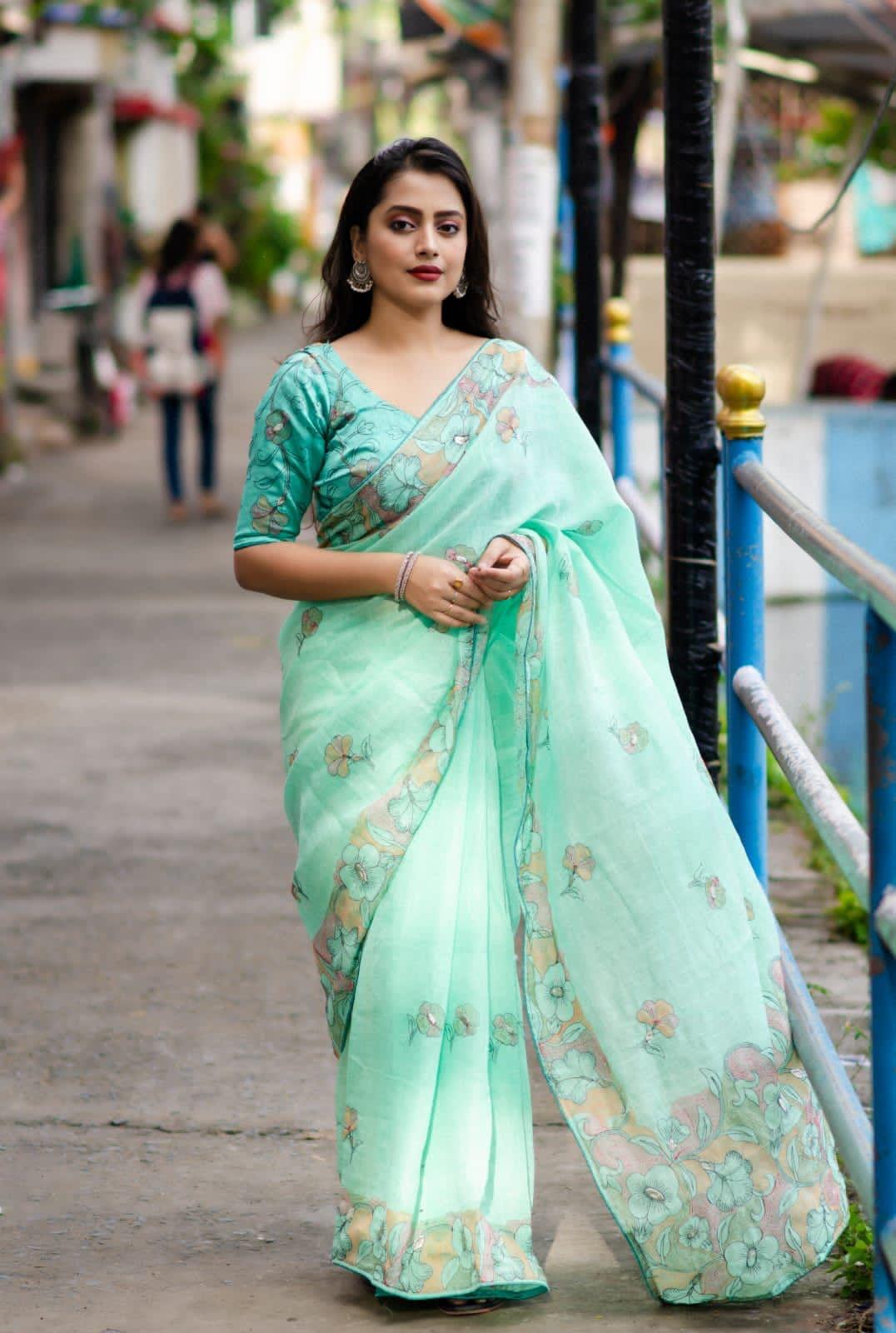 SeaGreen Pure Linen Ethnic Motifs Saree with Unstitched Blouse - Hiral Fashion - Distacart