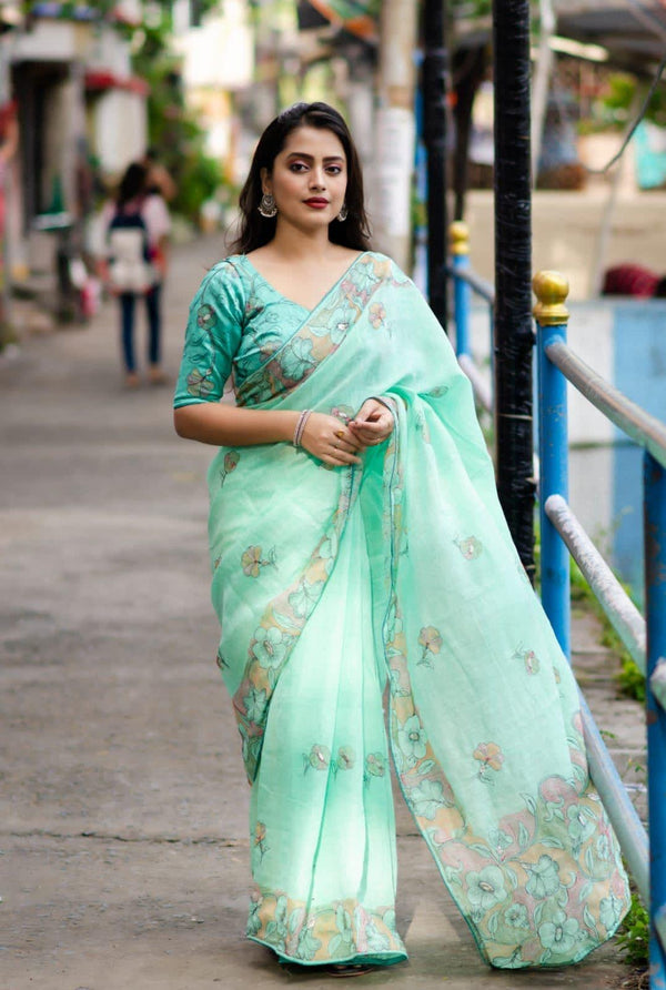 SeaGreen Pure Linen Ethnic Motifs Saree with Unstitched Blouse - Hiral Fashion - Distacart