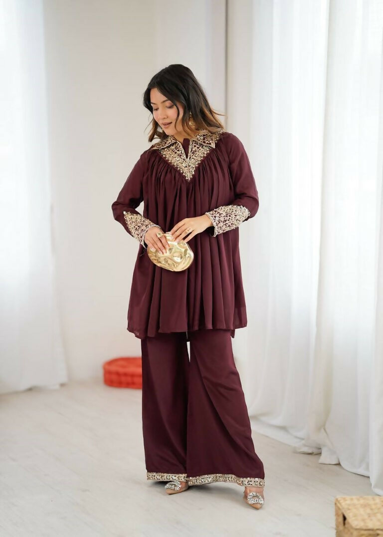 Teeya Creation Maroon Heavy Chinnon Silk Embroidery Work Plazo pair
