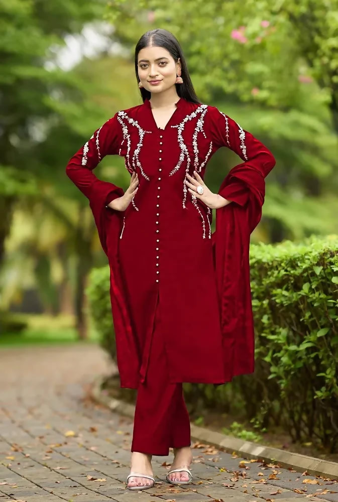 Nikhaar Maroon Embroidered Art Silk Straight Cut Readymade Pakistani Suit