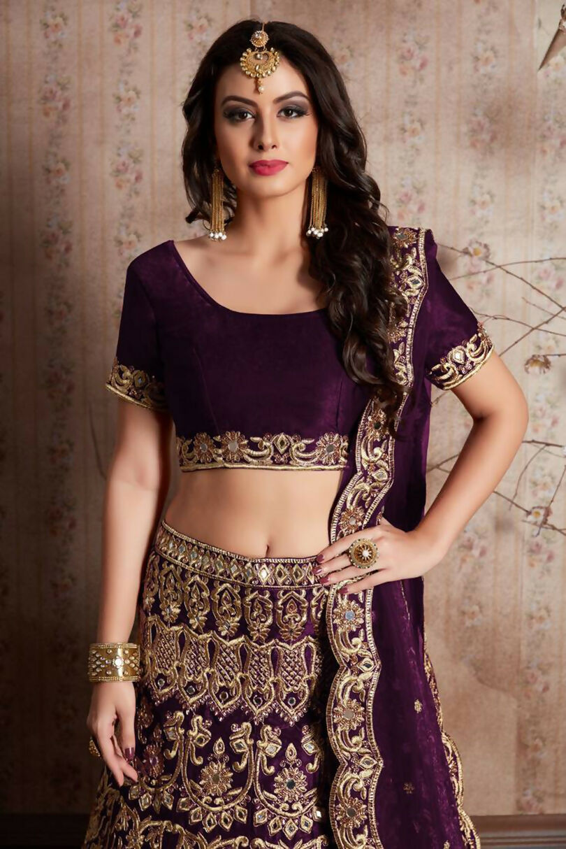 Jyoti Fashion Mesmerizing Wine Sequins Embroidered Velvet Lehenga Choli with Dupatta - Distacart