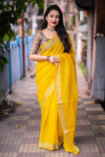 Thumbnail for Mustard Linen Sequence Saree with Unstitched Blouse - Hiral Fashion - Distacart