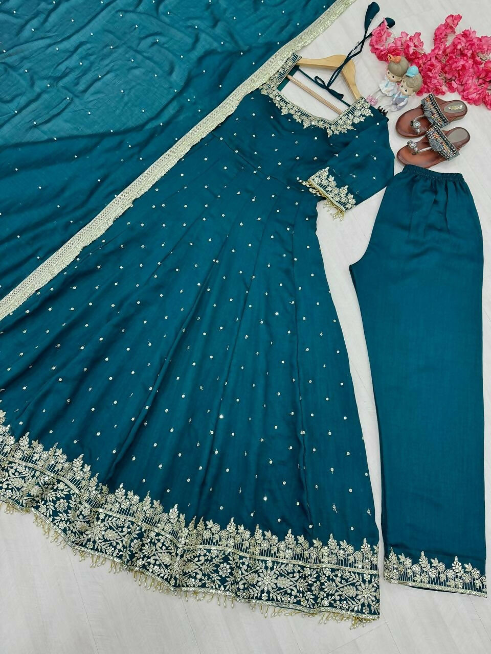 Teeya Creation Teal Color Pure Vichitra Silk Embroidery Work Party Wear Gown