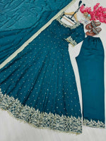 Thumbnail for Teeya Creation Teal Color Pure Vichitra Silk Embroidery Work Party Wear Gown