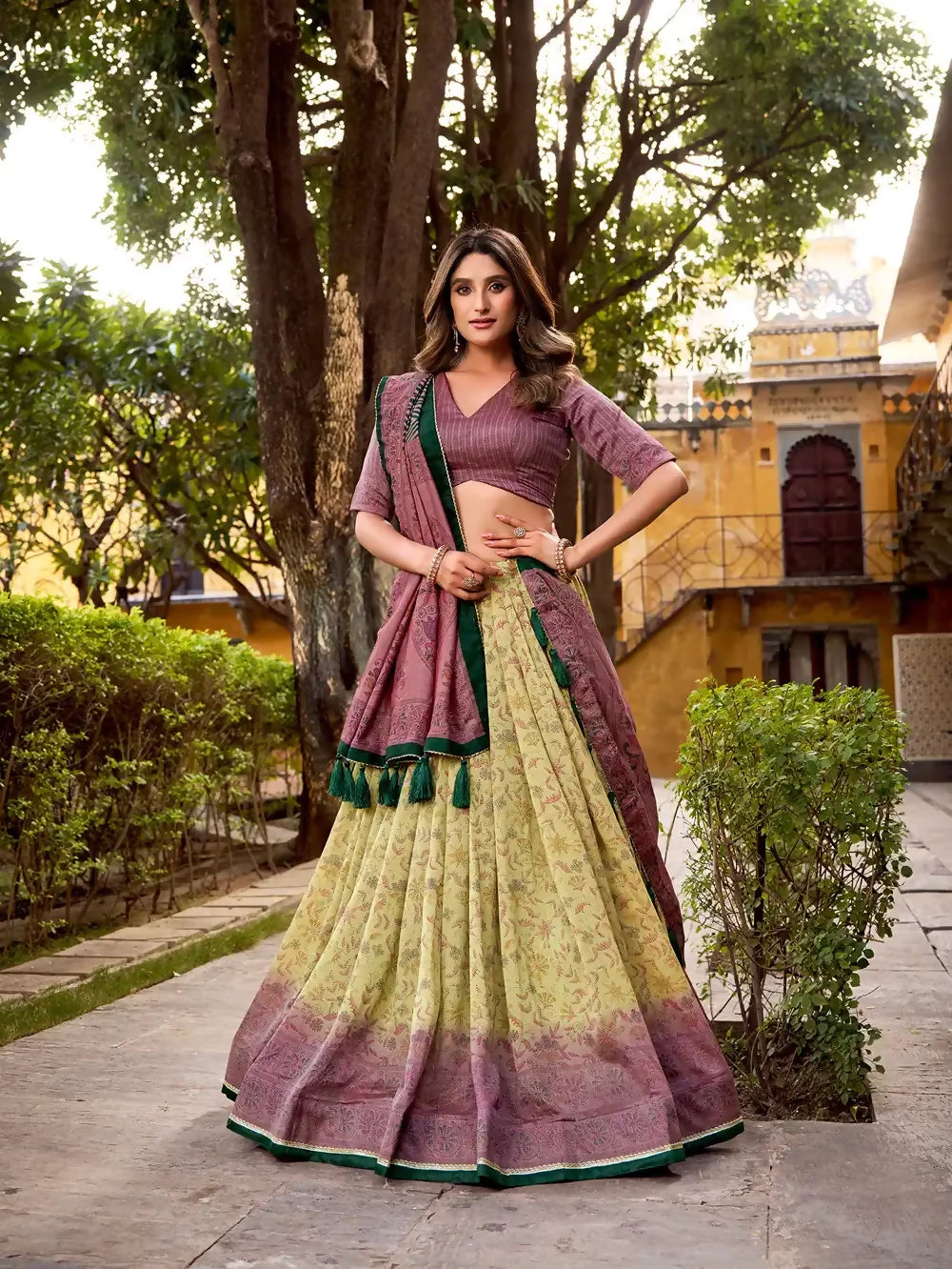 Looknbook Art Classic Vichitra Silk Chaniya Choli with Royal Prints-Beige