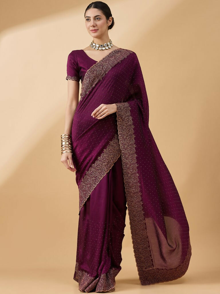 Purple Silk Blend Embroidered Saree with Unstitched Blouse - Vairagi - Distacart